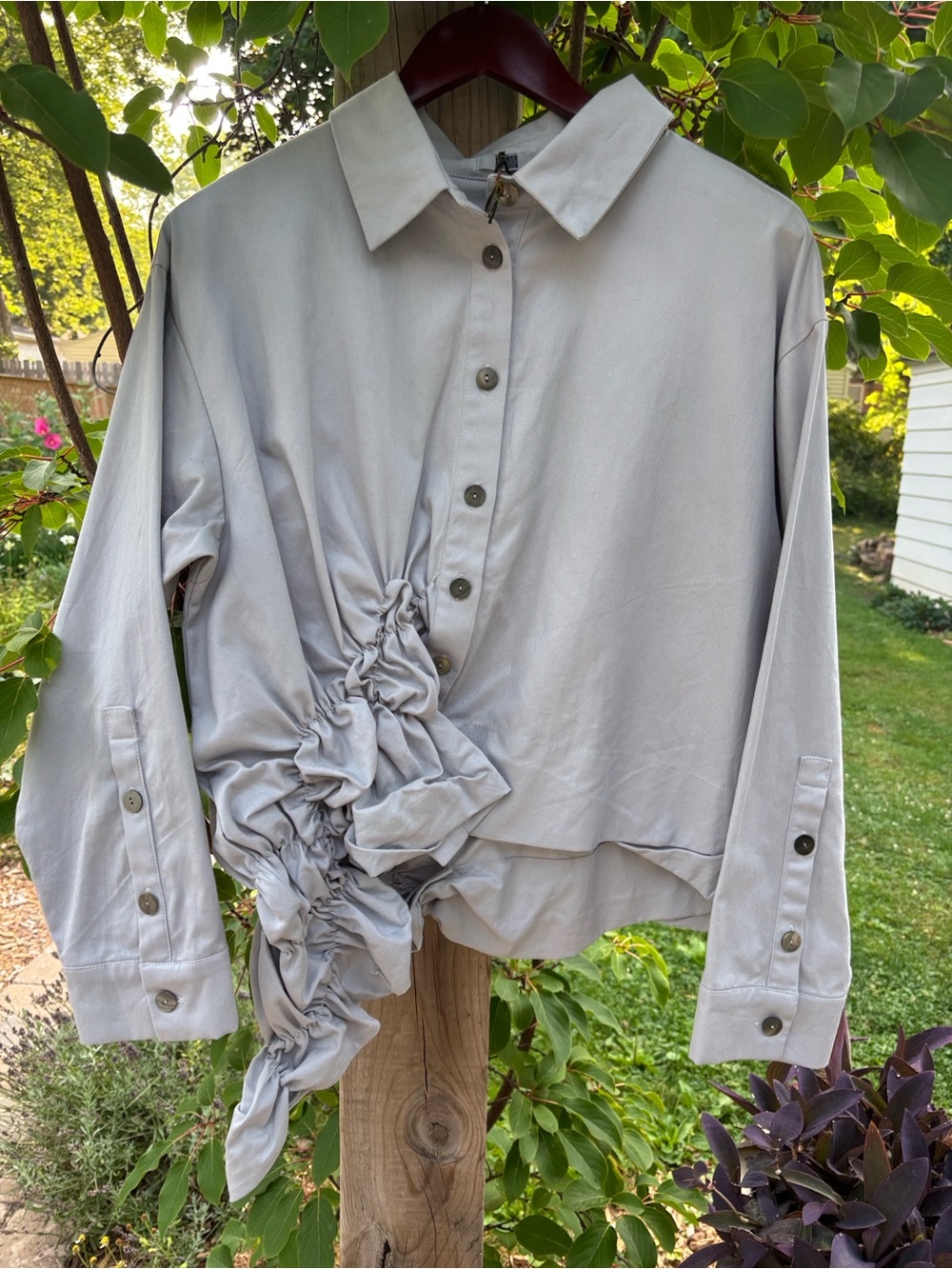 Moyuru Light Gray Ruched Button-Down Shirt